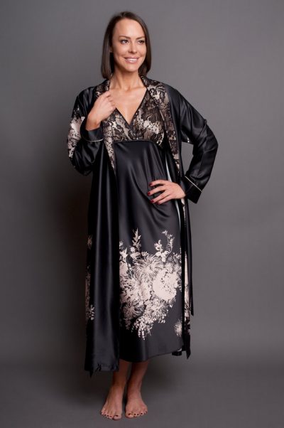 Angelique Robe Set with calf nightgown black front