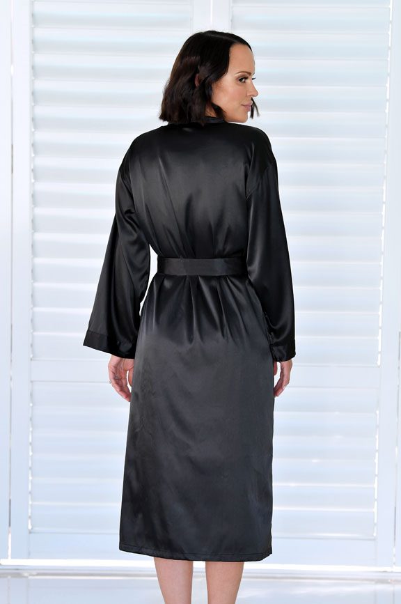 Night satin feather trim dressing gown in black  ASOS